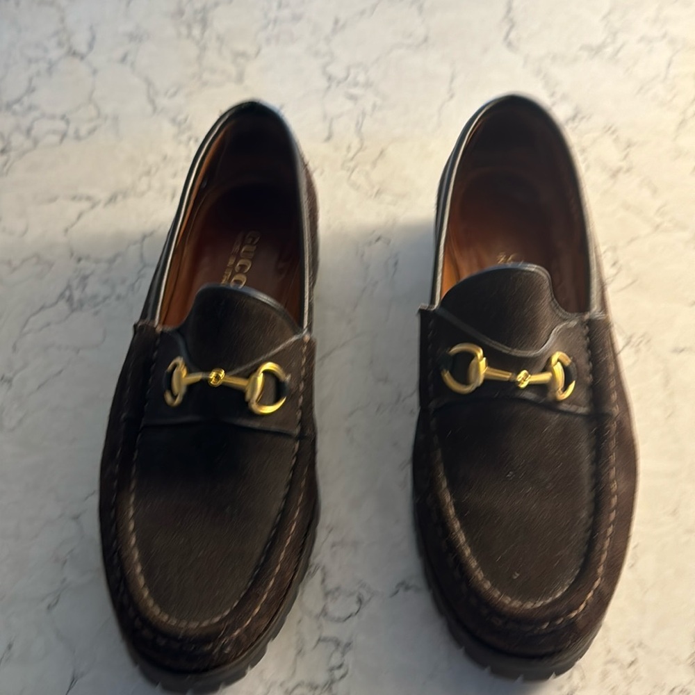 Ladies Suede Gucci Bit Loafers with Lug Soles